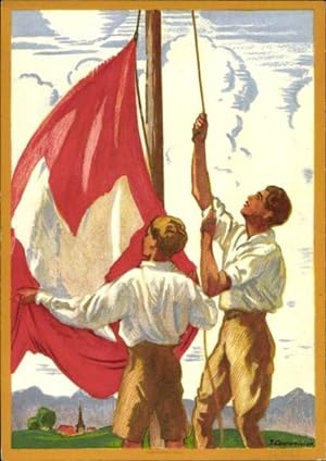Ganzsache Ansichtskarte / Postkarte Schweiz, Hissen der Nationalflagge, Bundesfeier 1929