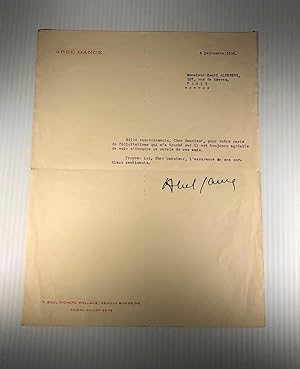 Abel Gance. Lettre dactylographiée signée à Henri Aldebert. 8 Septembre 1935