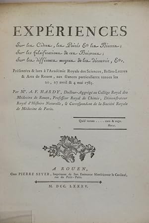 Bild des Verkufers fr Expriences sur les cidres, les poirs et les bires, sur les falsifications de ses boissons, sur les diffrents moyens de les dcouvrir, &c. zum Verkauf von Librairie Le Trait d'Union sarl.