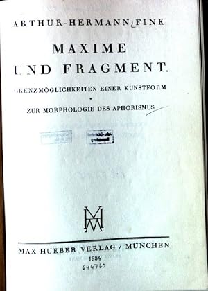 Bild des Verkufers fr Maxime und Fragment: Grenzmglichkeiten einer Kunstform, Zur Morphologie des Aphorismus. Wortkunst, Untersuchen zur Sprach- und Literaturgeschichte, neue Folge, 9. Heft zum Verkauf von books4less (Versandantiquariat Petra Gros GmbH & Co. KG)