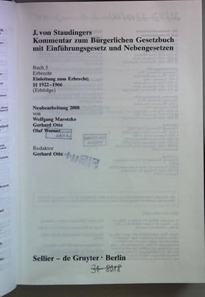 Imagen del vendedor de J. von Staudingers Kommentar zum Brgerlichen Gesetzbuch: Buch 5: Erbrecht: Einleitung zum Erbrecht;  1922 - 1966 (Erbfolge). a la venta por books4less (Versandantiquariat Petra Gros GmbH & Co. KG)