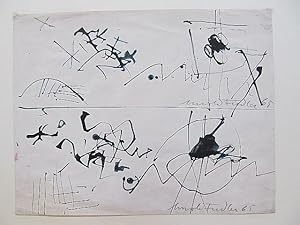 Abstrakte Zeichen: Zeichnung Aquarell in schwarzer und blauer Tusche auf Papier. Doppelzeichnung ...
