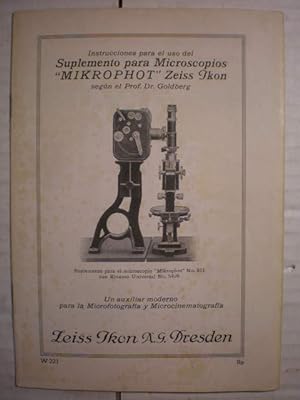 Image du vendeur pour Suplemento para Microscopios Mikrophot Zeiss Ikon segn el Prof. Dr. Goldberg mis en vente par Librera Antonio Azorn