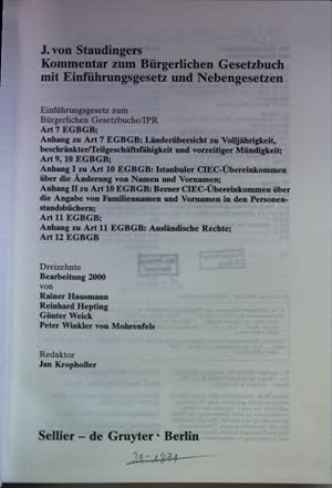 Seller image for J. von Staudingers Kommentar zum Brgerlichen Gesetzbuch: Einfhrungsgesetz zum Brgerlichen Gesetzbuche/IPR: Art 7 EGBGB. for sale by books4less (Versandantiquariat Petra Gros GmbH & Co. KG)