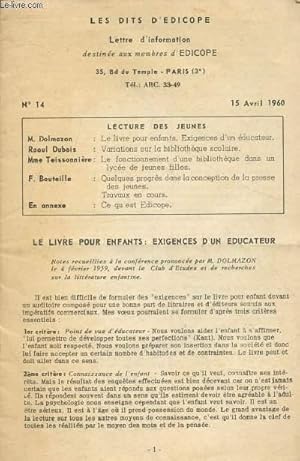 Image du vendeur pour Les dits d'Edicope - Lettre d'information destine aux membres d'Edicope n14 - 15 avril 1960 : mis en vente par Le-Livre