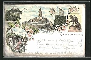 Lithographie Kyffhäuser, Rothenburg, Sage Friedrich Barbarossas, Reiterstandbild