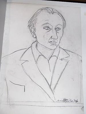 Selbstportrait: Zeichnung in Kohlestift auf büttenähnlichem Papier. Von Arnold Fiedler rechts unt...