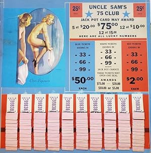 Uncle Sam's 75 Club; Jack Pot Card May Award $75.00; 5 at $20.00; 12 at $5.00; 12 at $10.00; Here...