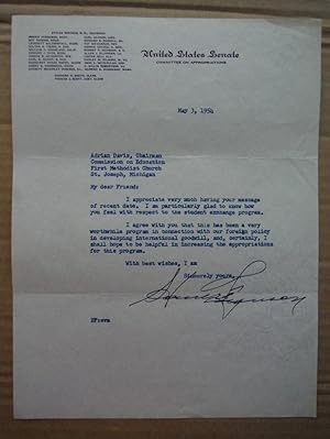 Senator Homer Ferguson autographed letter (1954)