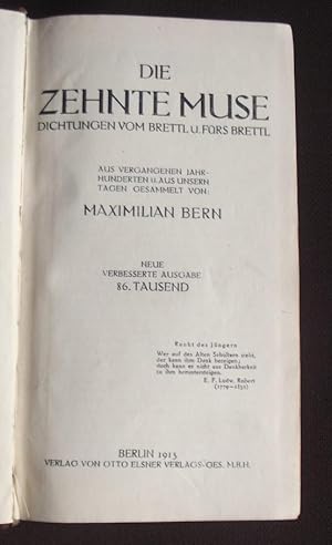 Image du vendeur pour Die zehnte muse - Dichtungen vom brettl und frs brettl mis en vente par Librairie Ancienne Zalc