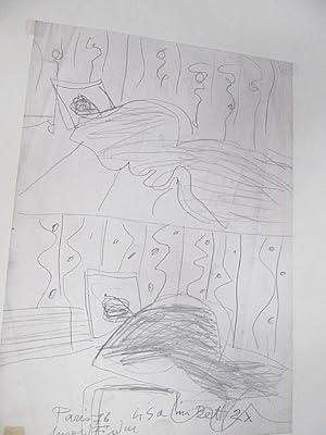 Lisa im Bett 2 x: Zeichnung in Kohlestift auf dünnem Papier. Von Fiedler links unten mit *Arnold ...