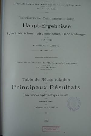 Bild des Verkufers fr Tabellarische Zusammenstellung der Hauptergebnisse der schweizerischen hydrometrischen Beobachtungen : fr d. Jahr 1910 = Table de rcapitulation des principaux resultats des observations hydromtriques suisses. (= Verffentlichungen der Abteilung fr Landeshydrographie) zum Verkauf von Antiquariat Bookfarm