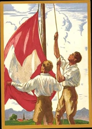 Ganzsache Künstler Ansichtskarte / Postkarte Courvoisier, J., Schweiz, Bundesfeier 1929, Männer h...