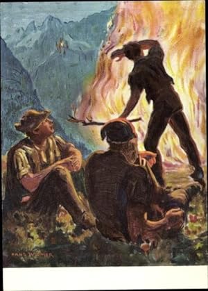Künstler Ansichtskarte / Postkarte Widmer, Hans, Bundesfeier 1943, Männer am Feuer