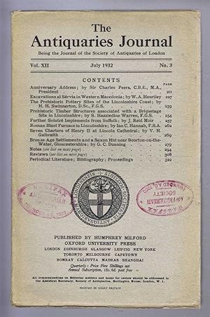 Immagine del venditore per The Antiquaries Journal, Being the Journal of the Society of Antiquaries of London, Vol XII, No. 3, July 1932 venduto da Bailgate Books Ltd