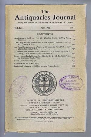 Image du vendeur pour The Antiquaries Journal, Being the Journal of the Society of Antiquaries of London, Vol XIII, No. 3, July 1933 mis en vente par Bailgate Books Ltd