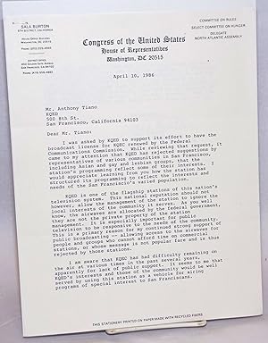 Seller image for Two page letter from Congressman Sala Burton to Anthony Tiano of KQED for sale by Bolerium Books Inc.