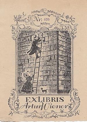 Exlibris. Motiv: Büchersammler auf Leiter, darunter die Ehefrau und die Katze. Lichtdruck, 16 x 1...