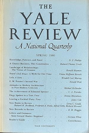 Bild des Verkufers fr The Yale Review a National Quarterly Spring 1980 Volume LXIX No.3 / D Z Phillips "Knowledge, Patience and Faust" / Richard Thomas Tench "A Chancey Business, This Constitution" / Ronald Hayman "Landscape of Relationships: The Vision of Cezanne" / Elaine Hoffman Baruch "Ibsen's 'Doll House': A Myth for Our Time" / Wendell Carl Murray " Lela. A Story" / Donald Watt "E M Forster's Second War" / Michael Hollander "Attitudes to Modern Architecture in post-Modern Criticism" / C A Patrides "The Achievement of Edmund Spenser" zum Verkauf von Shore Books