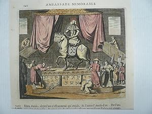 Bild des Verkufers fr Ambassade Memorable, anno 1680, Montanus-JAPON- Japon, anno 1680, Montanus-Gedenkwardige Gesantschappen der Oost-Indische Maatschappy., Kupferstich, 14x17 cm., altes Kolorit. Arnold Montanus, eigentlich Arnold van den Berghe (* 1625 in Amsterdam;   1683 in Schoonhoven) war ein niederlndischer Theologe und Historiker. Neben einer ausgedehnten Herausgeberttigkeit verfasste er zahlreiche historische Abhandlungen, die sich mit den Vlkern und der Kultur der Neuen Welt und den Aktivitten der Niederlnder in bersee befassen. Obwohl er selbst Europa nie verlassen hat, bten seine in viele Sprachen bersetzten Bcher einen groen Einfluss auf die europische Wahrnehmung der betreffenden Gebiet aus. De Nieuwe en Onbekende Weereld (Die unbeka zum Verkauf von Hammelburger Antiquariat