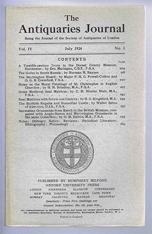 Image du vendeur pour The Antiquaries Journal, Being the Journal of the Society of Antiquaries of London, Vol IV, No. 3, July 1924 mis en vente par Bailgate Books Ltd