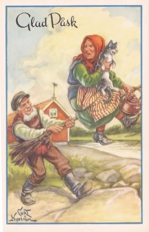 Swedish Pagans Pagan Witch On Broomstick Glad Pusk Screaming Cat Postcard