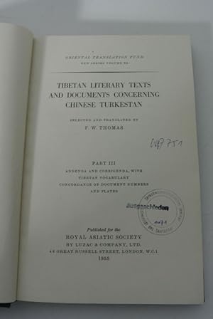 Tibetan Literary Texts and Documents Concerning Chinese Turkestan. Part III: Addenda and Corrigen...