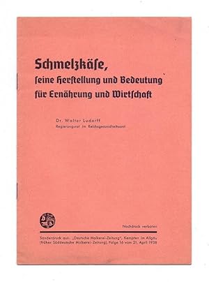 Imagen del vendedor de Schmelzkse, seine Herstellung und Bedeutung fr Ernhrung und Wirtschaft. Sonderdruck aus "Deutsche Molkerei-Zeitung".Folge 16 vom 21.April 1938. a la venta por Kunze, Gernot, Versandantiquariat