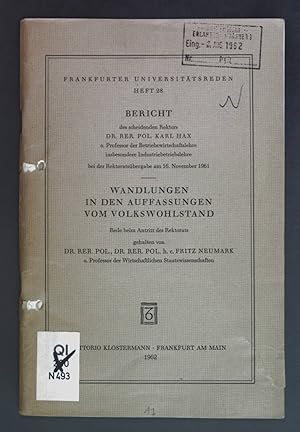 Imagen del vendedor de Wandlungen in den Auffassungen vom Volkswohlstand. Frankfurter Universittsreden: Heft 28 - Bericht. a la venta por books4less (Versandantiquariat Petra Gros GmbH & Co. KG)