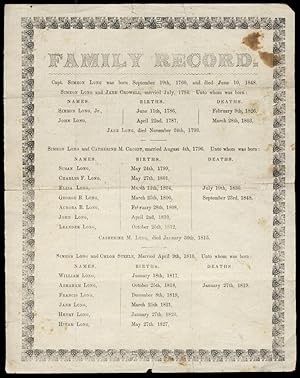 Family Record of [Captain] Simeon Long Printed Broadside