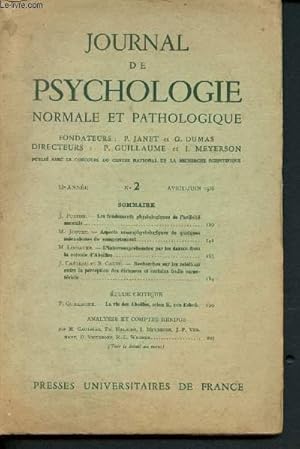 Image du vendeur pour Journal de psychologie normale et pathologique n2 - 53e anne - Avril - Juin 1956 : Les fondements physiologiques de l'activit mentale - Aspects neurophysiologiques de quelques mcanismes du comportement -etc mis en vente par Le-Livre