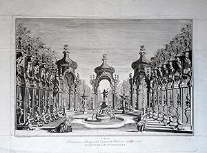 Scena d'invenzione e disegno del Cavalier Bibiena rappresentante giardino reale con ringhiere.