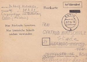 Seller image for Nachlufer. Dienstgruppen und Interniertenpost. berdrucktes Formblatt. Feldpost berdruckt, Postkarte und Verwendungsvorschrift "Gebhrenfrei" eingedruckt. Abgestempelt Eutin 8.7.1945. for sale by Antiquariat Heinz Tessin