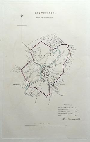 Antique Map LLANIDLOES, MONTGOMERYSHIRE, WALES, Street Plan, Dawson 1832