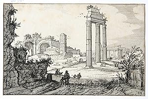 [Antique print, etching/ets, Rome] The temple of Castor and Pollux and the Basilica of Constantin...