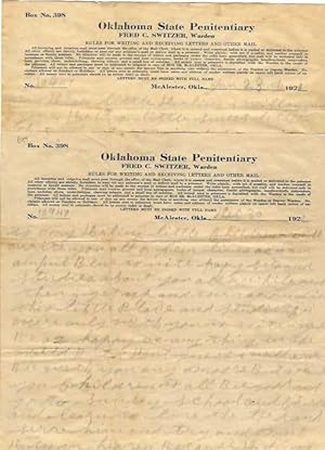 Seller image for CONVICTED MURDERED ROBERT BLAKELY'S AUTOGRAPH LETTERS, SIGNED, WRITTEN TO HIS FAMILY, DECEMBER 1920 - FEBRUARY 1921, WHILE AWAITING HIS EXECUTION AT THE OKLAHOMA STATE PENITENTIARY IN McALESTER, OKLAHOMA for sale by Bartleby's Books, ABAA