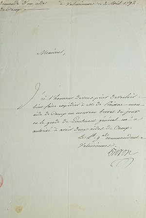 Bild des Verkufers fr Autograph letter signed ("Biron") ordering the expedition of the appointment of his aide-de-camp zum Verkauf von James Cummins Bookseller, ABAA