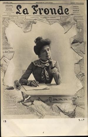 Passepartout Ansichtskarte / Postkarte Portrait de Femme avec Chapeau sortant du Journal français...
