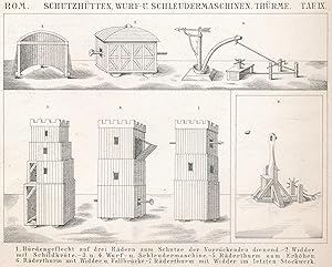 Seller image for ORIGINAL!! Keine REPRO, Abriss des Kriegs- und Waffenwesens aller epochemachenden Vlker von den frhesten Zeiten bis zum dreissigjhrigen Kriege;"Tafel IX: Rom; Schutzhtten, Wurf- und Schleudermaschinen, Thrme; 1 Hrdengeflecht auf drei Rdern zum Schutze der Vorrckenden dienend; 2 Widder mit Schildkrte; 3 und 4 Wurf- und Schleudermaschine; 5 Rderthurm zum Erhhen; 6 Rderthurm mit Widder im letzten Stockwerk" for sale by Antiquariat Kastanienhof