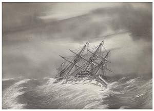 1844-1850 2 très beaux dessins originaux sur papier Pellée mine plomb Bateau voilier tempête