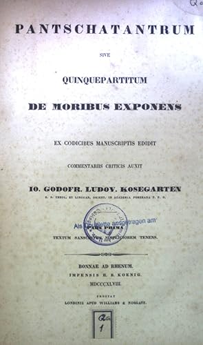 Bild des Verkufers fr Pantschatantrum sive Quinquepartitum de Moribus Exponens, Pars Prima. zum Verkauf von books4less (Versandantiquariat Petra Gros GmbH & Co. KG)