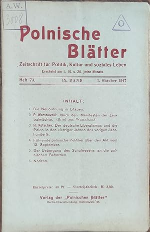 Zeitschrift für Politik, Kultur und soziales Leben. IX. Band, Heft 73, 1. Oktober 1917.