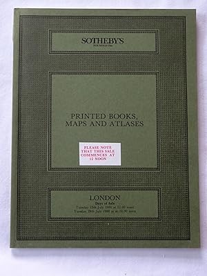 Seller image for Printed Books, Maps and Atlases. inc Natural History, Science And Medicine, Sport, Cookery, Law, Travel and Topography, and A Collection of Books on Ballooning 15 & 29th July Sotheby's London Auction Catalogue CLARISSA. for sale by Tony Hutchinson