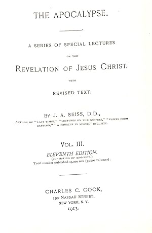 Bild des Verkufers fr The Apocalypse A Series of Special Lectures on the Revelation of Jesus Christ Vol III zum Verkauf von WeBuyBooks