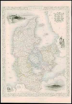 1850 - Illustrated Original Antique Map of "DENMARK" Copenhagen by Tallis (81d)