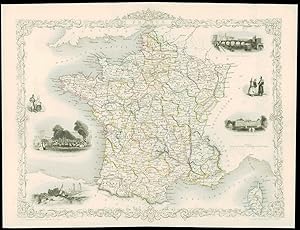 1850 - Original Antique Illustrated Map of "FRANCE" by Tallis (97d)