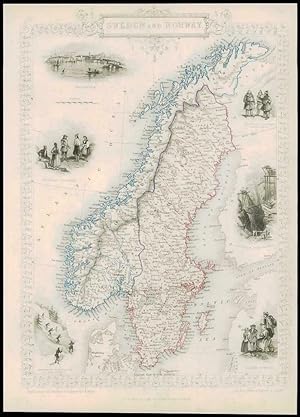 1850 Illustrated Original Antique Map "SWEDEN AND NORWAY" by TALLIS (159d)