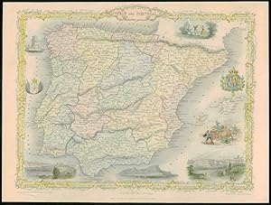 1850 - Original Antique Map "SPAIN AND PORTUGAL" Gibraltar TALLIS COLOUR (54)