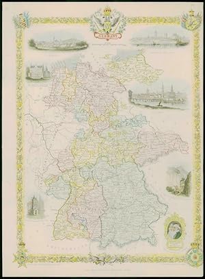 1850 RARE Original Antique Map of "GERMANY" by TALLIS FULL COLOUR (34)