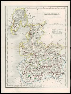 1847 Original Antique Map LANCASHIRE Coach & Rail Roads by Chapman & Hall